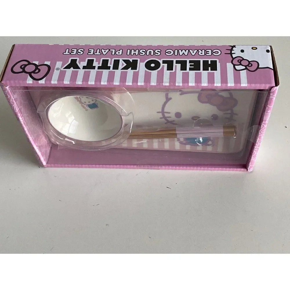 3 Piece Sanrio Hello Kitty Pink Ceramic Sushi Set With Sauce Bowl and Chopsticks